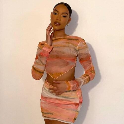 Mesh Sunset Color Two Piece Set Women Stacked Sleeve Skirts Suits Summer Blouse+Corset Skirts Matching Set Club Partywear