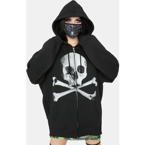 Skull Print Gothic Sweatshirt Zip Up Oversized Hoodie Autumn Long Sleeve Coat Women Vintage Harajuku Jacket Female Clothes
