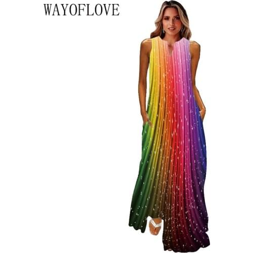 WAYOFLOVE 3D Print Maxi Dress Summer Holiday Beach Casual Elegant Vintage Dresses Woman Party V Neck Sleeveless Long Dress Women