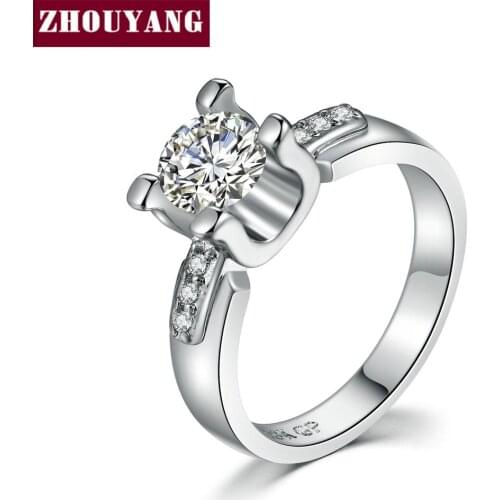 ZHOUYANG Ring For Women Simple Style Four Prongs Cubic Zirconia Rose Gold Silver Color Wedding Gift Fashion Jewelry R473 R588