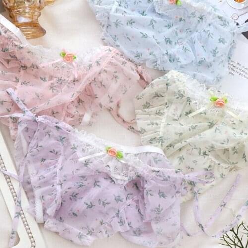 Plus Size Women Lace Panties Sexy Ultra-thin Mesh Cute Bow Flowers Ruffle Transparent Panties Big Size Summer Womens Underwear