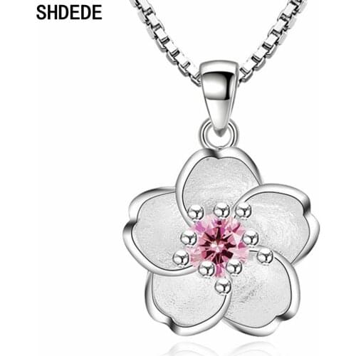 SHDEDE Flowers Pendants Necklace For Women Cubic Zirconia Female Wedding Party Jewelry Anniversary Gift Pink Purple +WHE227