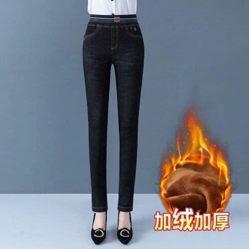 Winter Thick Skinny Pencil Jeans Women Elastic Waist Spring Autumn Straight Denim Trousers Plus Size 34 Add Velvet Casual Pants