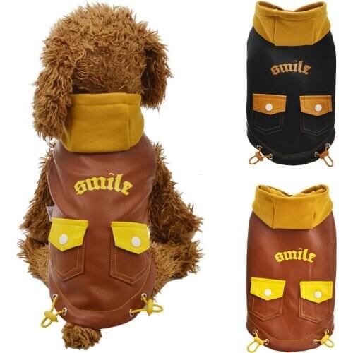 Pet Dog Puppy Winter Warm Pocket Hoodie Costume Clothes Jacket Faux Leather Cotton Cap Coat Apparel Pocket Design Pet Supplies
