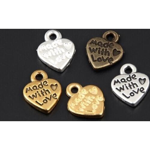 100pcs plated Metal Alloy Mixed Color Made with Love Heart Charms Pendant Findings 12mmx10mm