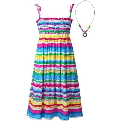 2pcs Kids Girls Summer Beachwear Dresses Bohemian Floral Print Spaghetti Shoulder Straps Sundress Beach Dress with Necklace Sets