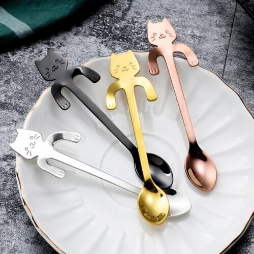 5Pcs/Lot Cute Cat Coffee Spoon 304 Stainless Steel Creative Cat Teaspoon Dessert Snack Scoop Ice Cream Mini Spoons Tableware