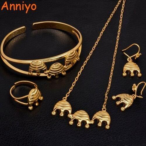 Anniyo Small Jewelry sets for Girl Kids Necklace Earrings Ring Bangle Gold Color African Middle East Ethiopian Jewellery #062602