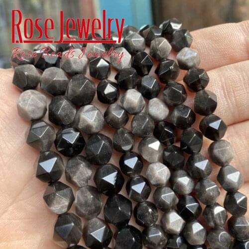 Natural Faceted Silvers Obsidian Beads Loose Spacer Charm Beads For Jewelry Making DIY Bracelet Accessories 15" Strand 6/8/10mm