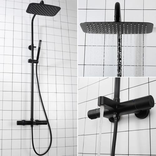 Black Bathroom Rainfall Shower Mixer Set Wall Mounted Bath Thermostatic Shower Faucet waterfall rain shower head