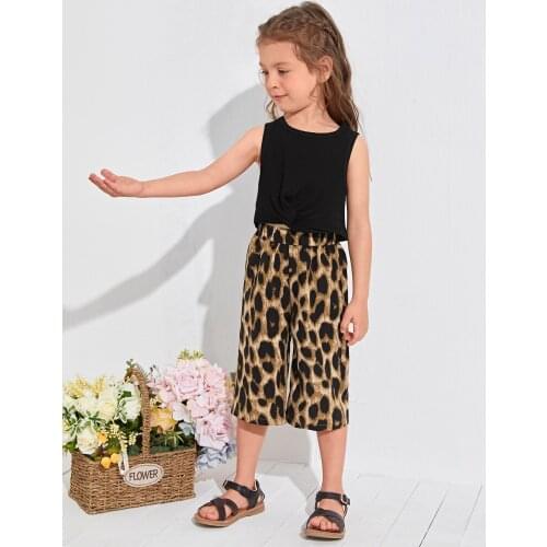 OPPERIAYA 2Pc Children Tracksuit Solid O-Neck Sleeveless Tank Tops Leopard Print Short Pants Summer Suit for Baby Girls 2-7Years