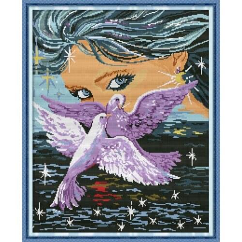 Joy Sunday New Cross Stitch Kits Beauty And Dove Needlework DMC 11/14 CT DIY Handmade Embroidery Kits for Room Decor and Gift