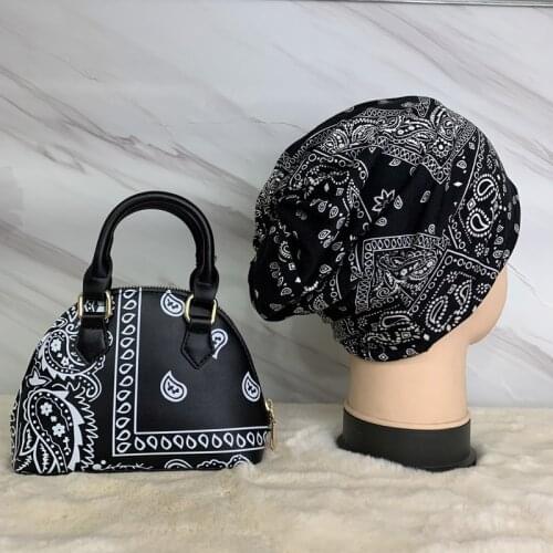 New arrivial combination printing women bandana hand bags ladies shoulder hat and bag set