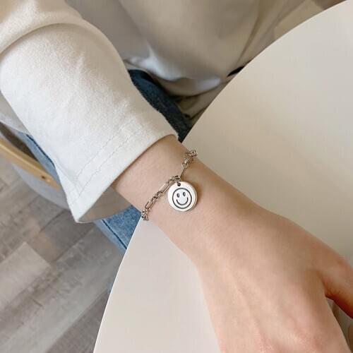 Korean Smiley Face Letters Round Vintage Handmade Chain Thai Silver Color Bracelet For Women Girls Sweet Trendy Jewelry SL2319