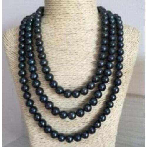 Beautiful 9-10mm natural round tahitian black pearl necklace 52" Yellow Clasp