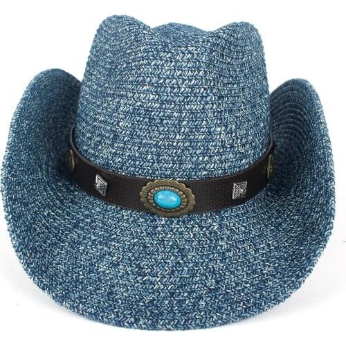 Summer Outdoor Men Women Western Cowboy Hats Hand-woven Straw Hat Breathable Beach Jazz Cap Sun Hat Size 57-59CM