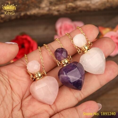 Trendy Women Heart Shape Natural Stone Perfume Bottle Pendant Gold Silvery Necklace Purple Roses Quartz Essential Oil Jewelry