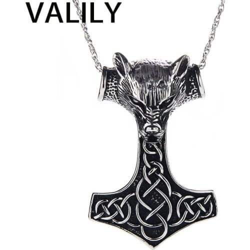 Mens Necklace Silver Black Wolf Head Pendant Necklace Personality Stainless Steel viking Thor Hammer masculino Necklace for Men
