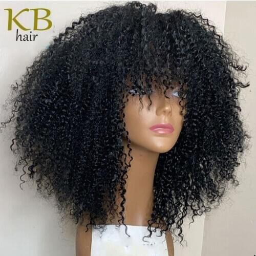 200 Density Full Curly Human Hair Wig With Bangs Brazilian Machine Made Scalp Top Wig Short Remy Afro Kinky Curly Wigs