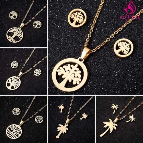 A Variety of New Fashion Golden Tree of Life Pendant Necklace Set Stainless Steel Small Round Ladies Earrings Unusual Jewelry