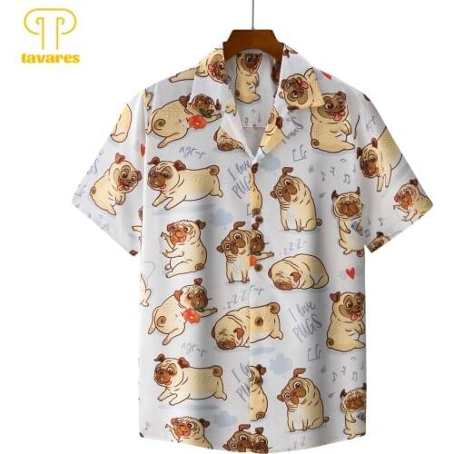 TAVARES Casual Shirts Men Summer Short Sleeve Shirt Anime Comics Cartoon Cute Funny Sharpei Dogs Women Hawaiian Beach Blouses