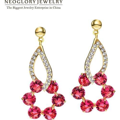 Neoglory Austria Rhinestone Light Yellow Gold Color Pink Zircon Flower Dangle Drop Earrings for Women Jewelry 2020 New JS3