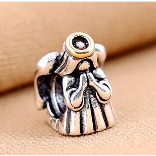 S925 Silver Bead Charm Vintage Cute Angel With Gold Color Bead fit Pandora Bracelet Bangle DIY Jewelry