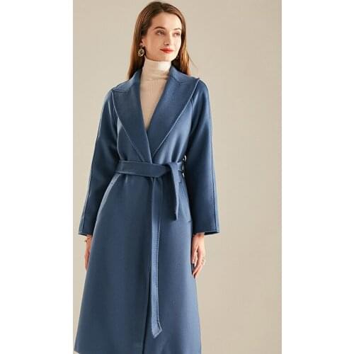 Slim simple lace up winter new medium and long wool cloth blue wavy cashmere coat womens coat
