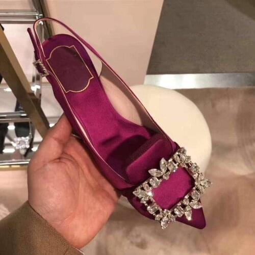 2019 Hot Sale Dress Shoes Woman Pointed Toe Bride Shoes Women Crystal Square Heels Sexy Slingbacks Pumps Prom Wedding Shoes