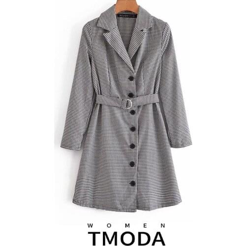 TMODA1899 Za 2021 Autumn Winter Women Classic Plaid Blazer Mini Dress with Belt Long Sleeve Vintage Style Females Short Dresses