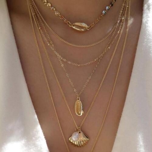 Tocona Punk Gold Long Chain Seashell SequinsImitation Pearl Multi Layer Necklaces Dor Women Ocean Beach Choker Jewelry C19408