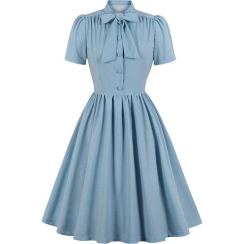 2021 Tie Neck Button Up 50S Pinup Women Vintage Pleated Swing Dress Summer Blue Elegant Retro Clothes Ladies Solid Tunic Dresses