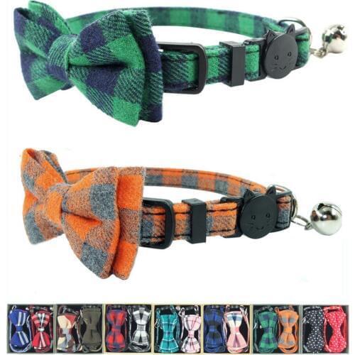2PCS/PACK Cat Collar Breakaway Bowtie Accessories Green Yellow Plaid Quick Release Soft Cat Kitty Collars for Puppies 17-28cm