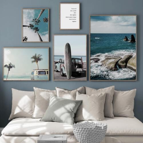 Coconut Tree Leaf travel Car Surf Sea Landscape Wall Art Canvas Painting Nordic Posters And Prints Wall Pictures For Living Room