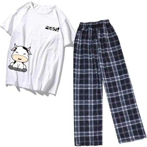 Plaid Pants Pajama Sets Sleep Nightgown Sleepwear Ladies Cows Graphic Print Harajuku Tops Two Piece Suit Summer Female Clothing