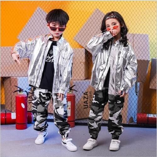 Children Clothes Sets Jazz Dance Costume Hip-hop Costume Silver leather Jacket Pants For Girls Boys Performance Clothes