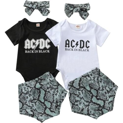 3Pcs Summer Girls Outfits Sets Short Sleeve Letter Print Romper + Snakeskin Shorts + Headband Set Newborn Clothing Suit