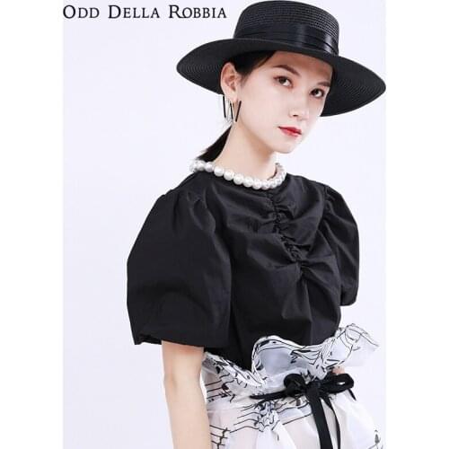 OddDellaRobbia 2021 Summer Elegant Mature Women Beaded Pleated Solid Color Short-Sleeved Shirt Pearl Lantern Sleeve Shirt 1393