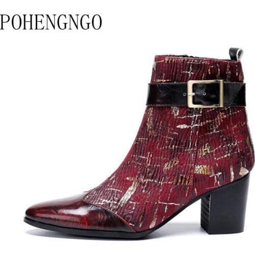 Fashion Men Genuine Leather printed Dress Boots Luxury Party Wedding Men High Heel Ankle Boots British Formal Party Shoes