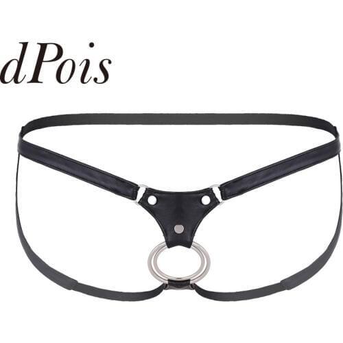 Mens Faux Leather Open Back Hollow Out Jockstrap Low Rise Bikini G-string Underwear with Metal Rings Unferpants