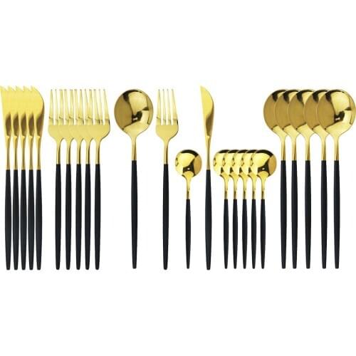 24Pcs 18/10 Stainless Steel Cutlery Set Black Gold Knife Dinner Fork Spoon Dinnerware For Party Dinner Silverware Tableware Set