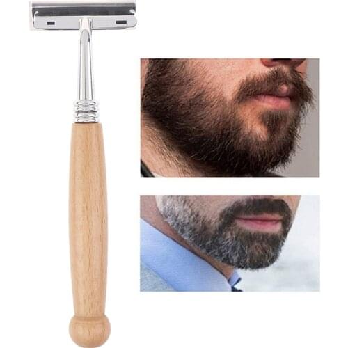 New 1pcs Wood Handle Razor Non-Disposable Stainless Steel Razor Replaceable Razor Head Retro Beard Knife Men Shaving