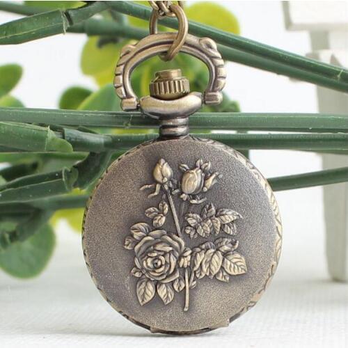 New Fashion quartz roses pattern Modern hours pendant Bronze antiques Pocket watch necklace