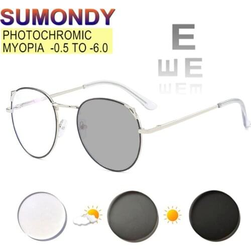 SUMONDY Photochromic Myopia Glasses -0.5 to -6 Women Men Cat Ears Alloy Frame Discolored Optics Prescription Spectacles UF54
