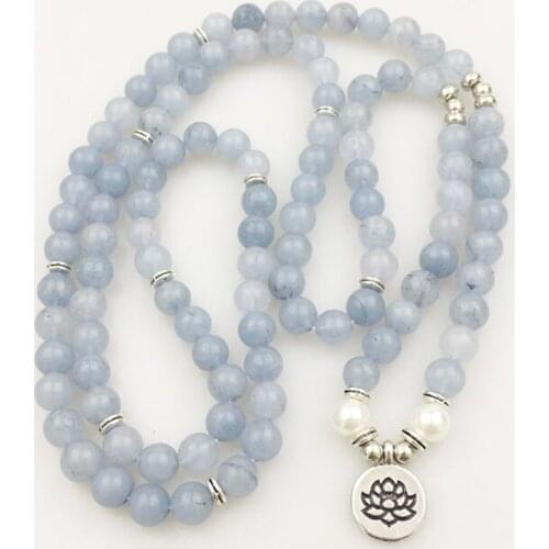 8mm Natural Blue Chalcedony White Pearl 108 Mala Necklace Bless Reiki Handmade Healing Chic Spirituality Elegant Wristband