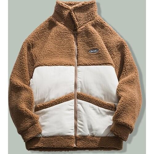 Hip Hop Retro Patchwork Lambswool Parka Men Harajuku Streetwear Loose Hipster Parkas Winter Thickening Couple Unisex Coat Jacket