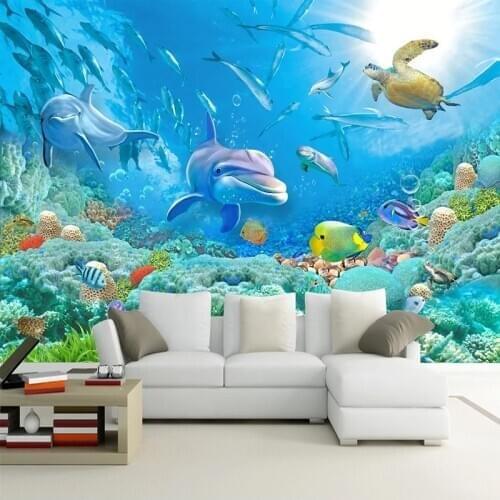 Custom Photo Underwater World 3D Dolphin Turtle Fish Coral Family Mural Living Room TV Background Wallpaper For Bedroom Walls 3D