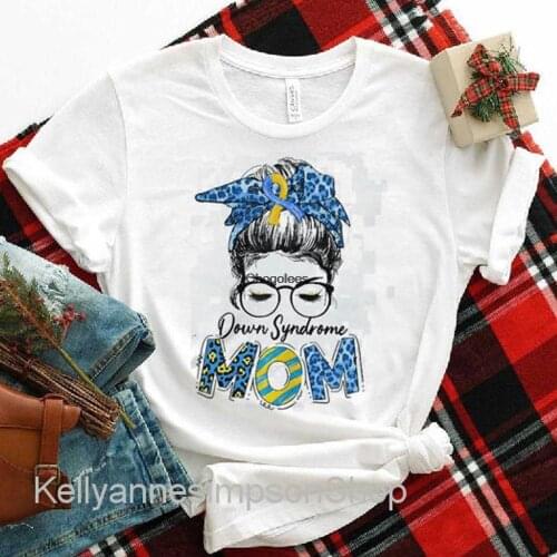 Mom shirts Mothers day shirt gift for mom Womens Messy Bun Leopard Blue Yellow Ribbon Down Syndrome Mom Gifts
