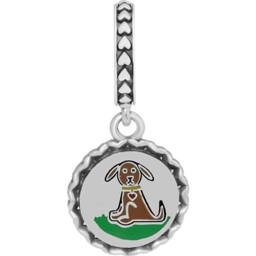 Family Pet Dog Stick Figure Dangle Charms For Silver 925 Original Chains Bracelets Round Shape Puppy Charms for Jewelry Making