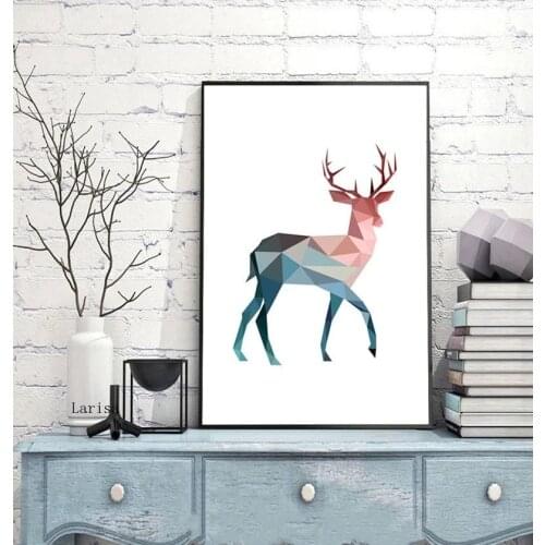 Nordic Pink and Blue Geometric Animals Posters Wall Art Canvas Paintings Deer Beer Crane Pictures Living Room Home Decor